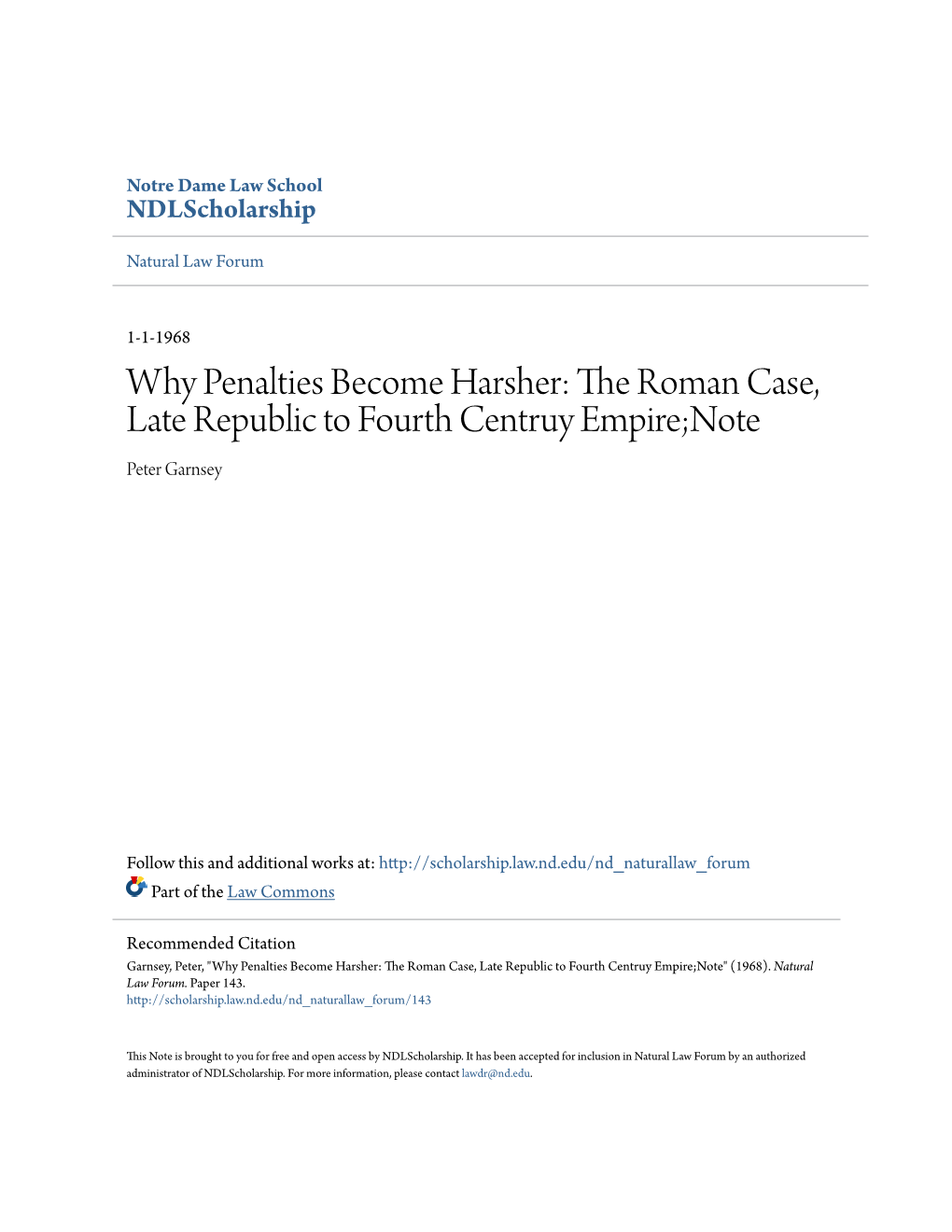 Why Penalties Become Harsher: the Roman Case, Late Republic to Fourth Centruy Empire;Note Peter Garnsey