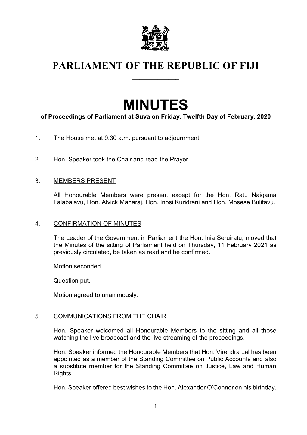 MINUTES of Proceedings of Parliament at Suva on Friday, Twelfth Day of February, 2020