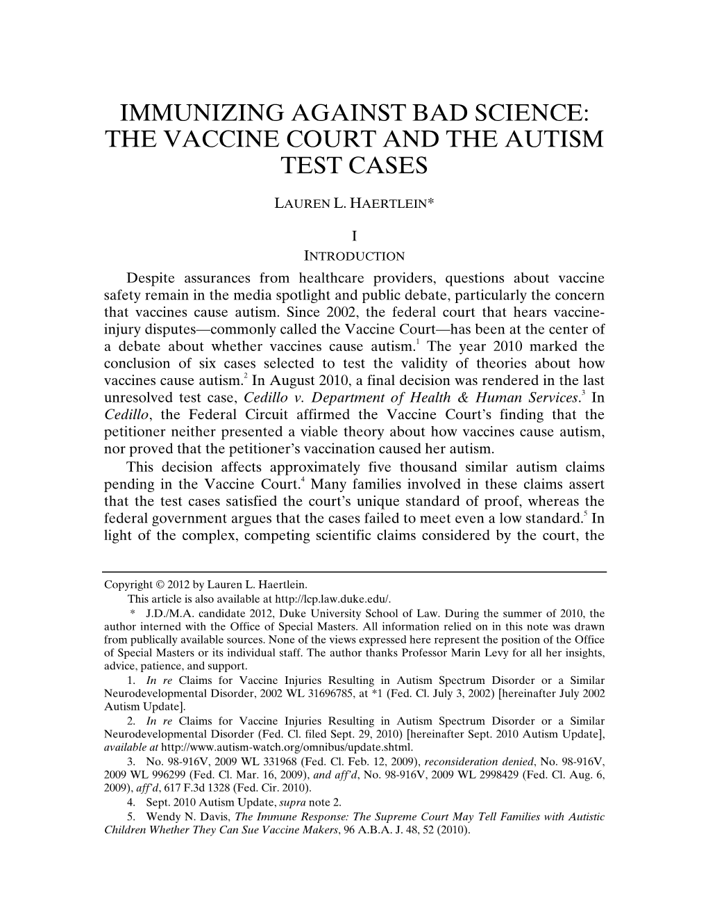 Immunizing Against Bad Science: the Vaccine Court and the Autism Test Cases