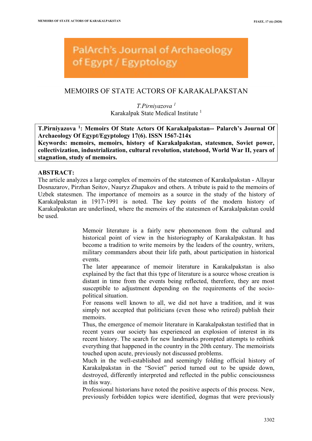 Memoirs of State Actors of Karakalpakstan Pjaee, 17 (6) (2020)