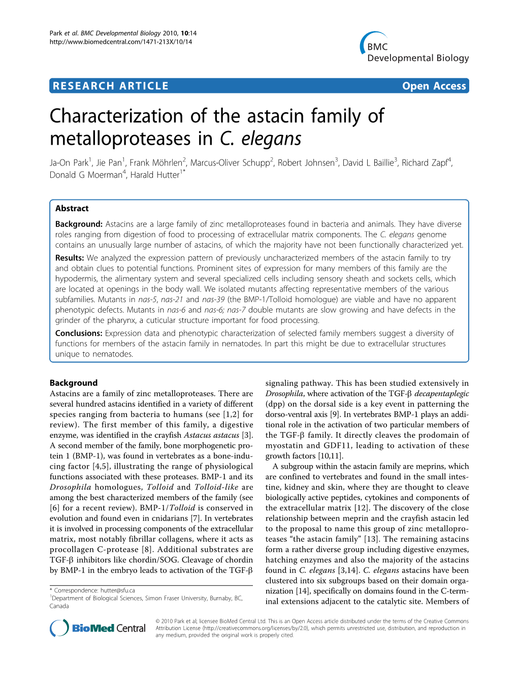 Characterization of the Astacin Family of Metalloproteases in C. Elegans