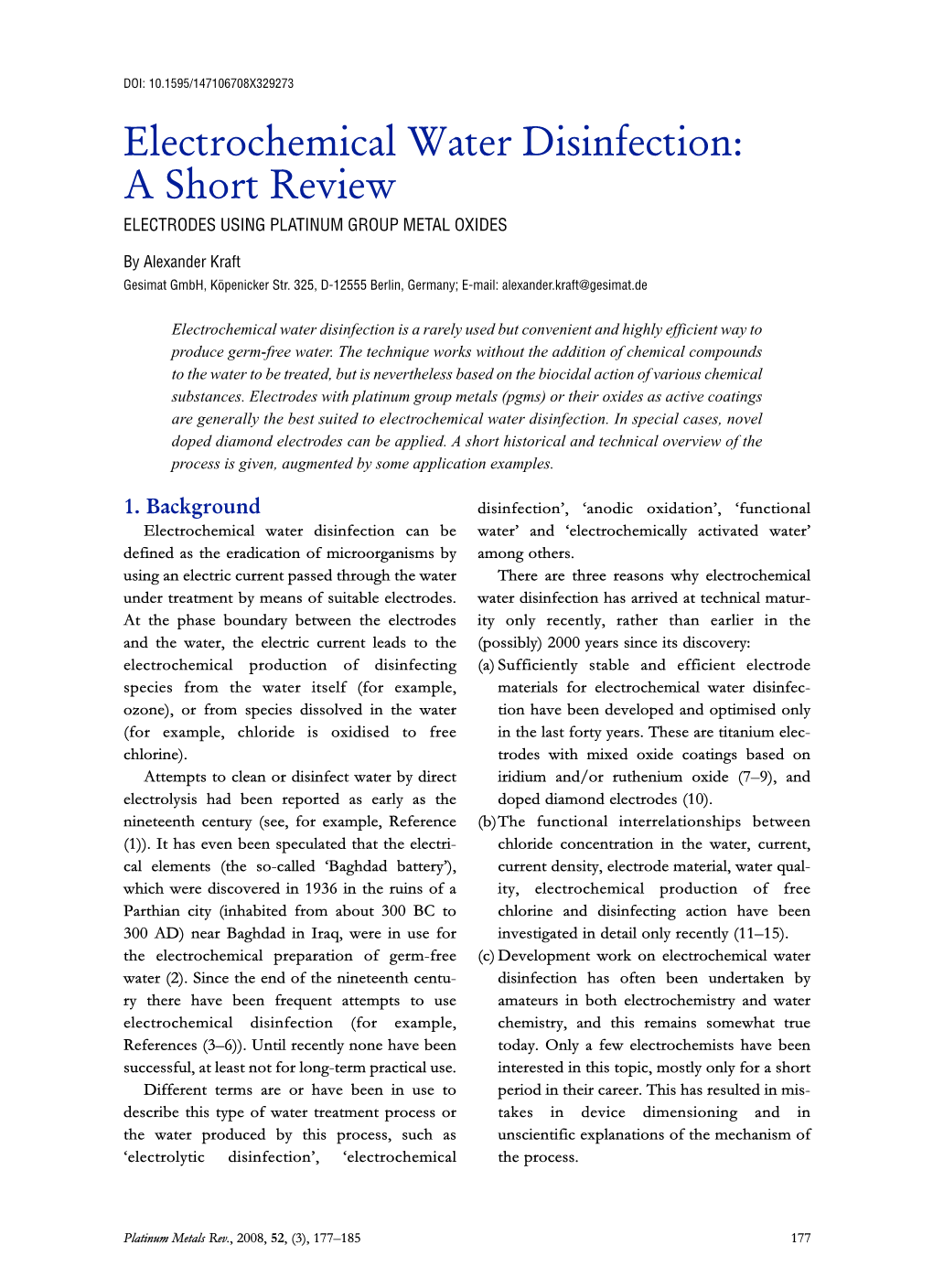 Electrochemical Water Disinfection: a Short Review ELECTRODES USING PLATINUM GROUP METAL OXIDES