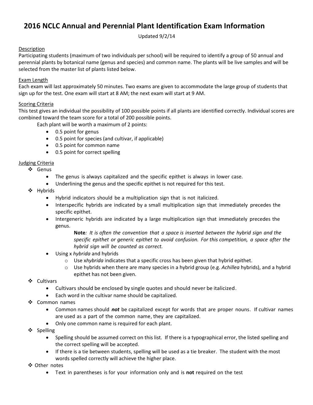 2016 NCLC Annual and Perennial Plant Identification Exam Information Updated 9/2/14