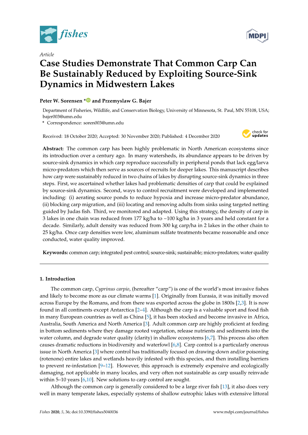Case Studies Demonstrate That Common Carp Can Be Sustainably Reduced by Exploiting Source-Sink Dynamics in Midwestern Lakes