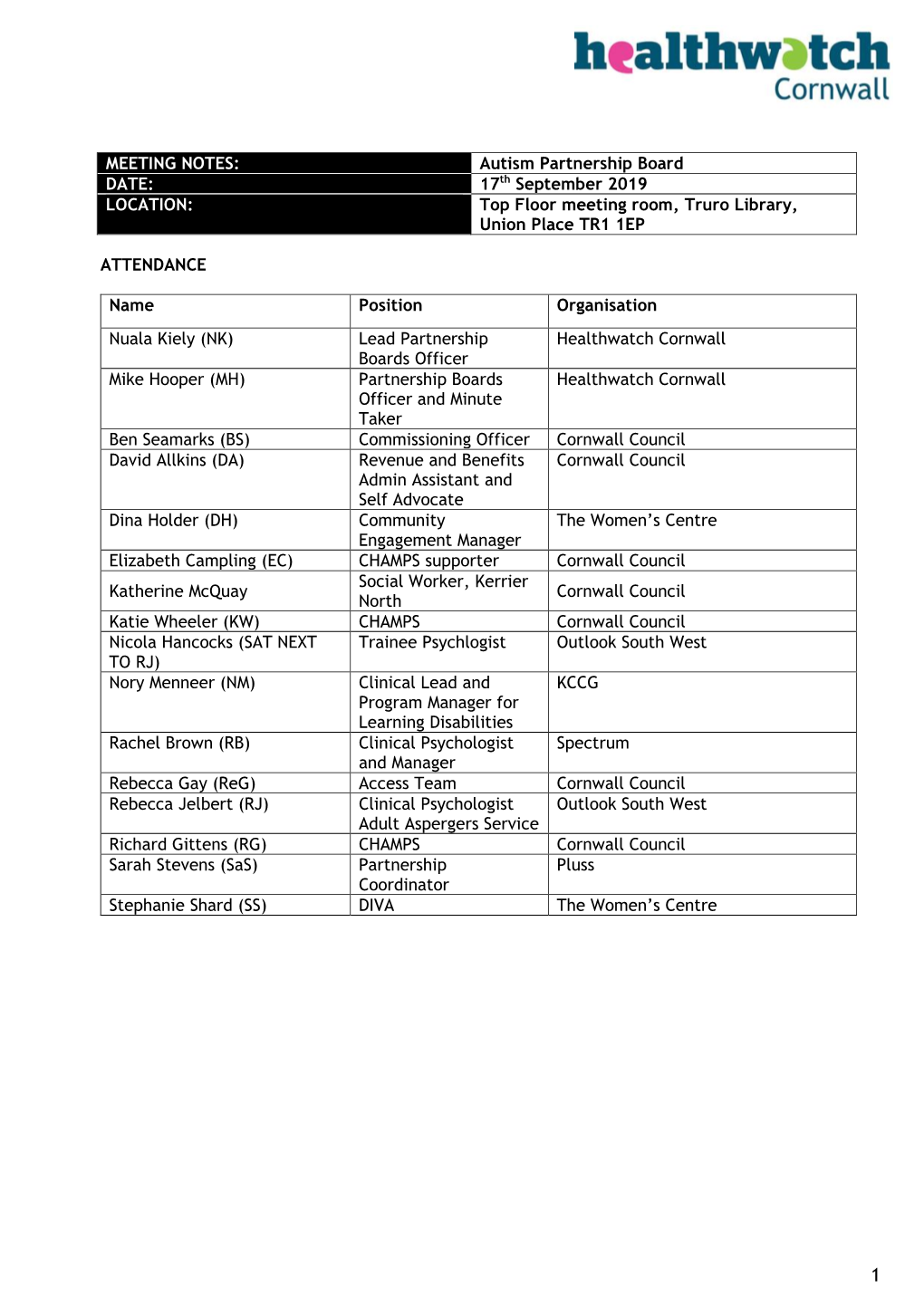 Autism Partnership Board DATE: 17Th September 2019 LOCATION: Top Floor Meeting Room, Truro Library, Union Place TR1 1EP
