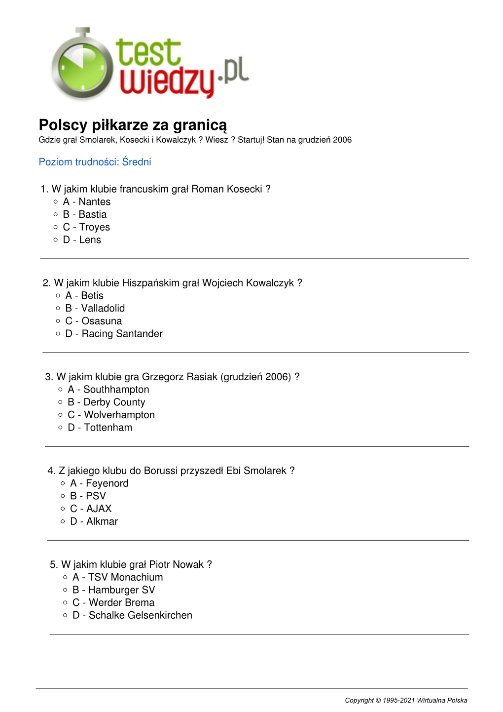 Polscy Piłkarze Za Granicą Gdzie Grał Smolarek, Kosecki I Kowalczyk ? Wiesz ? Startuj! Stan Na Grudzień 2006