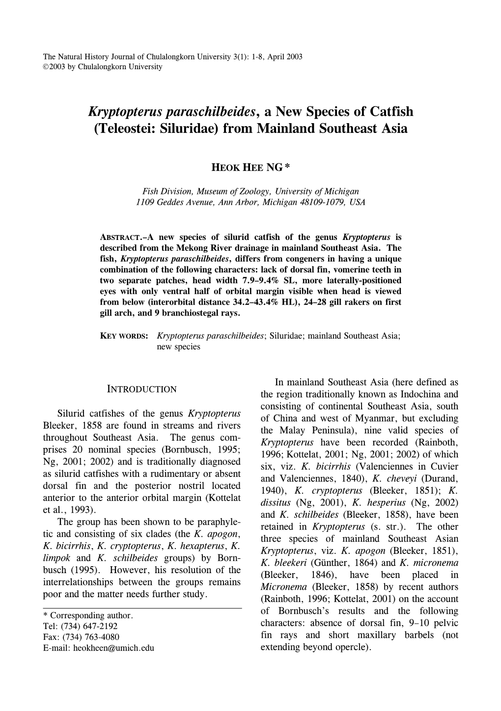 Kryptopterus Paraschilbeides, a New Species of Catfish (Teleostei: Siluridae) from Mainland Southeast Asia