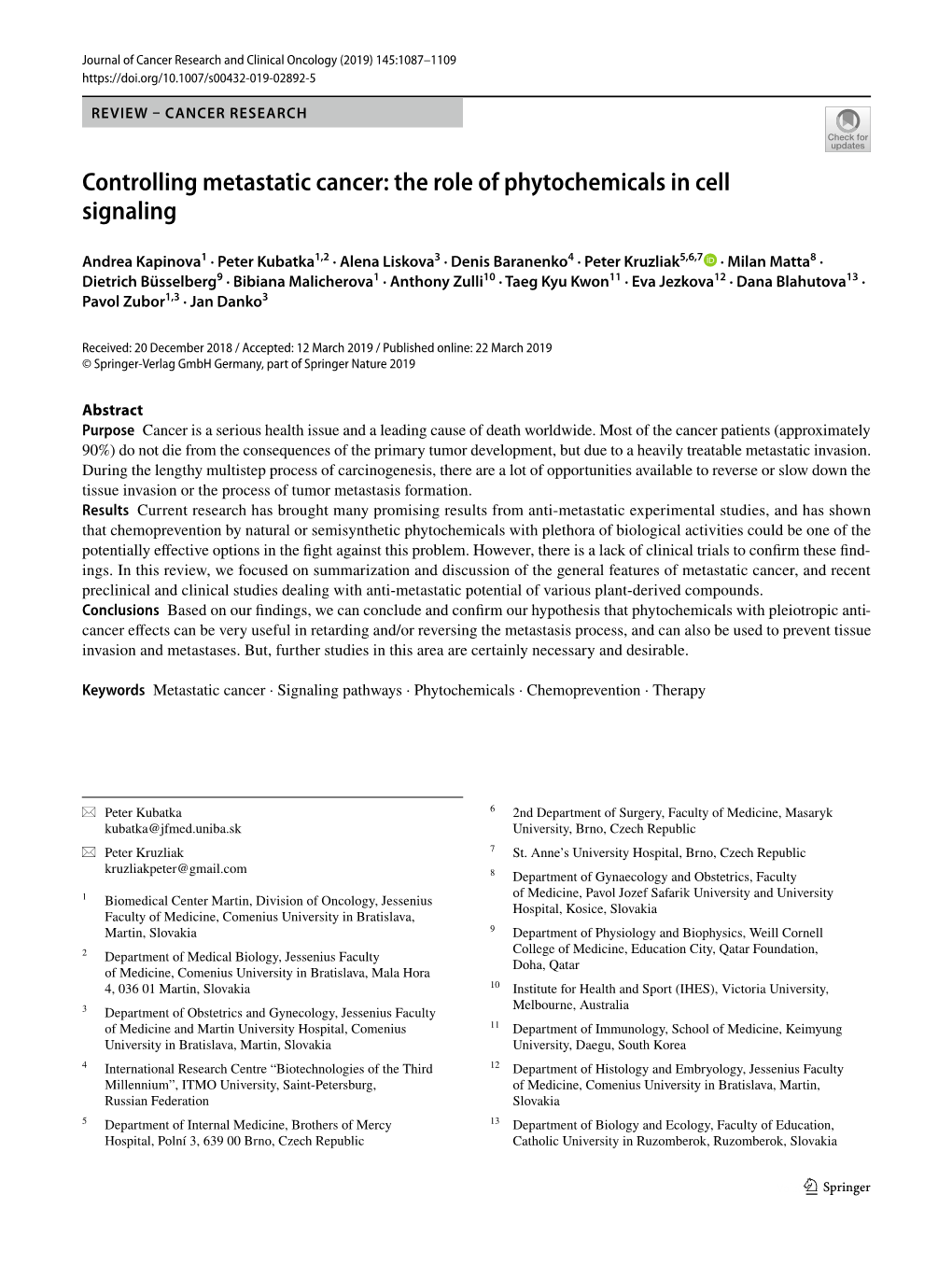 Controlling Metastatic Cancer: the Role of Phytochemicals in Cell Signaling