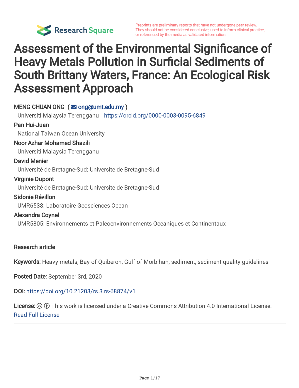 Assessment of the Environmental Signi Cance of Heavy Metals Pollution in Sur Cial Sediments of South Brittany Waters, France