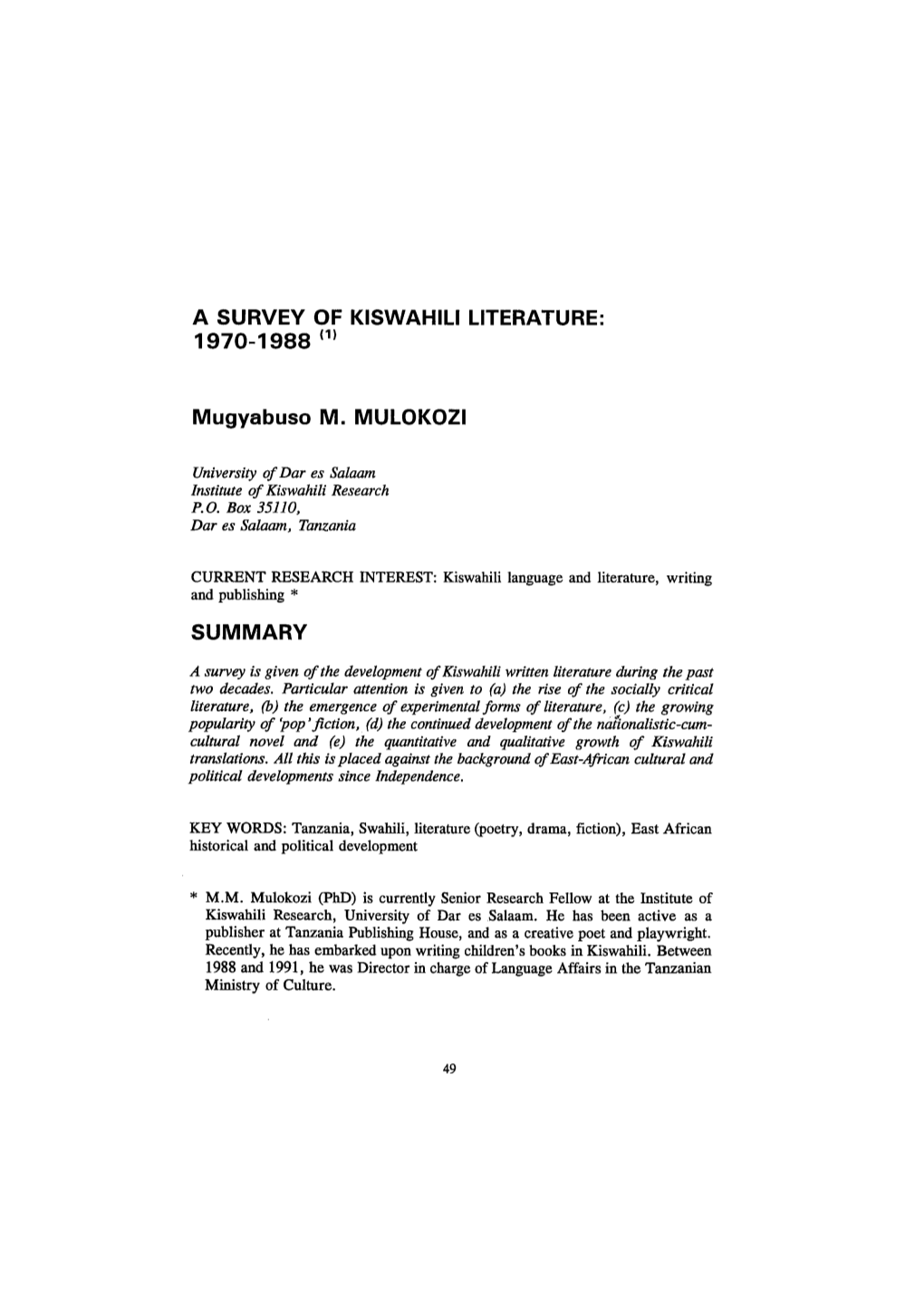 A Survey of Kiswahili Literature: 1970-1988 (1)