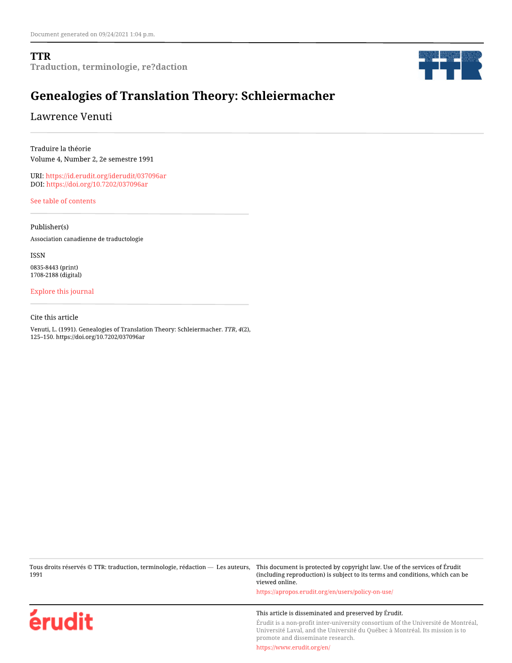 Genealogies of Translation Theory: Schleiermacher Lawrence Venuti