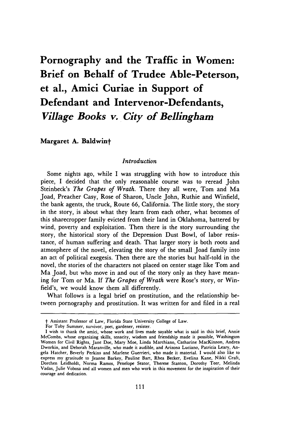 Pornography and the Traffic in Women: Brief on Behalf of Trudee Able-Peterson, Et Al., Amici Curiae in Support of Defendant and Intervenor-Defendants, Village Books V