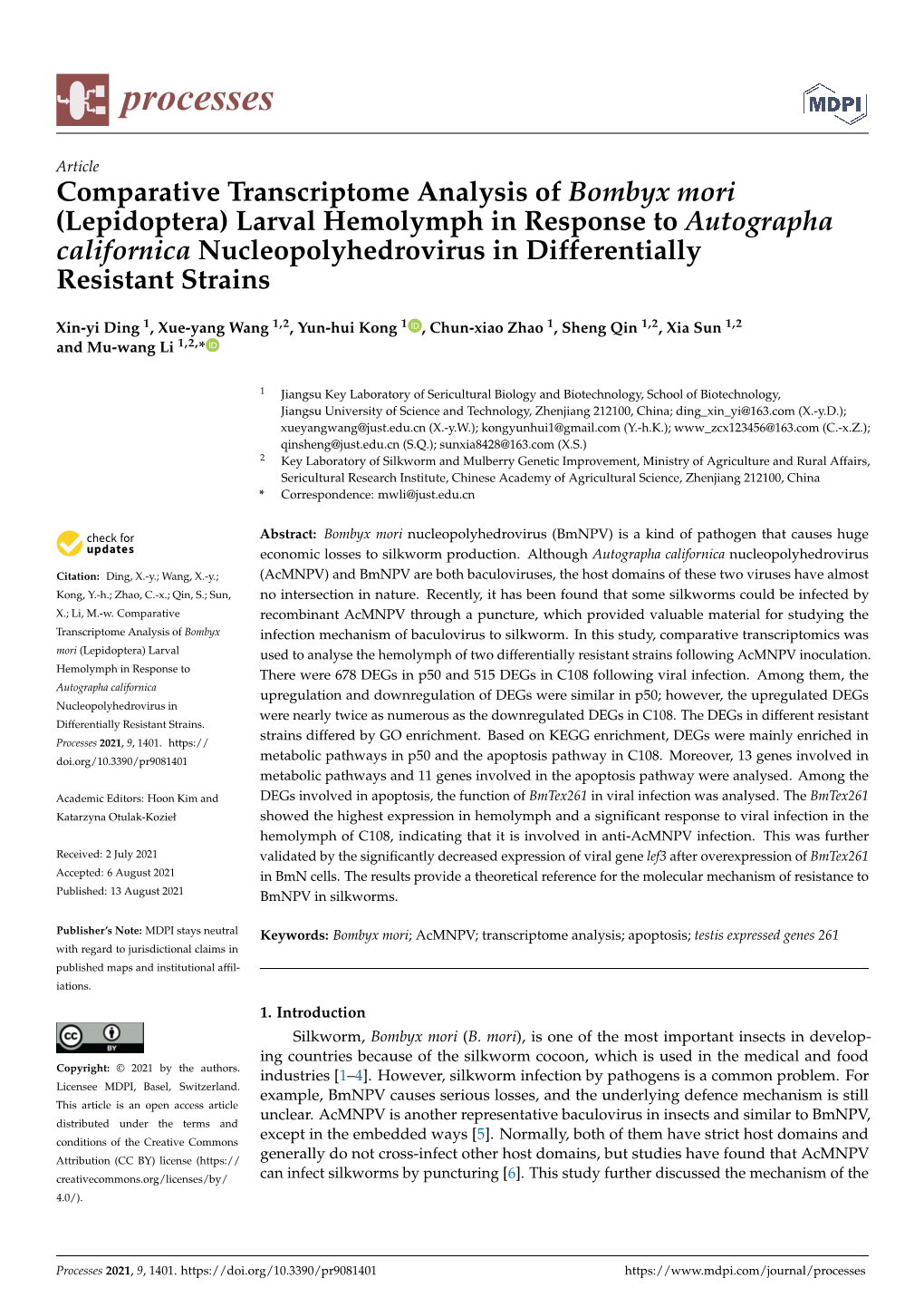 Comparative Transcriptome Analysis of Bombyx Mori (Lepidoptera) Larval Hemolymph in Response to Autographa Californica Nucleopol