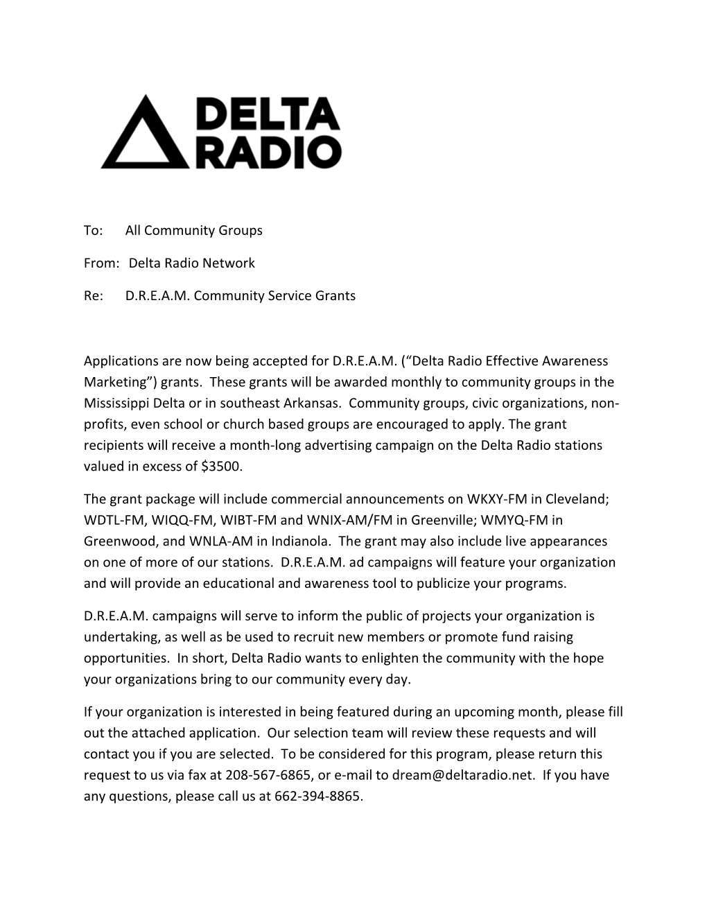Delta Radio Network Re: DREAM Community Service Grants