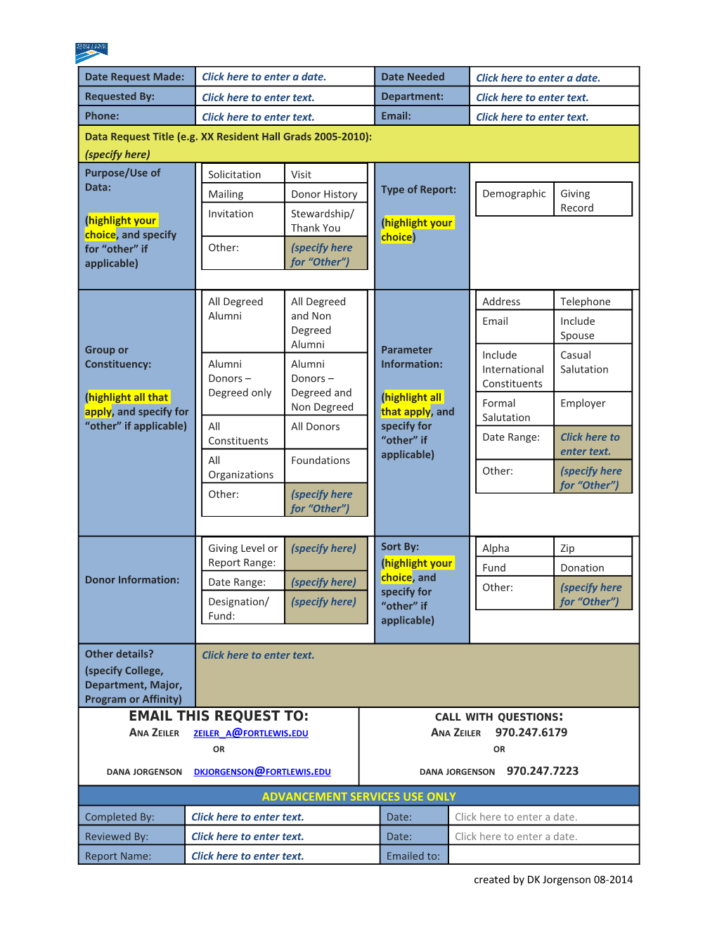 Fort Lewis College Advancement - Request Form for Constituent Lists