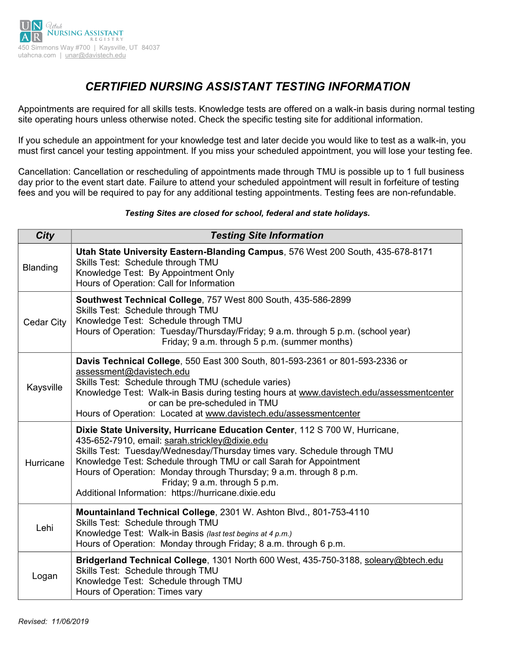 Certified Nursing Assistant Testing Information