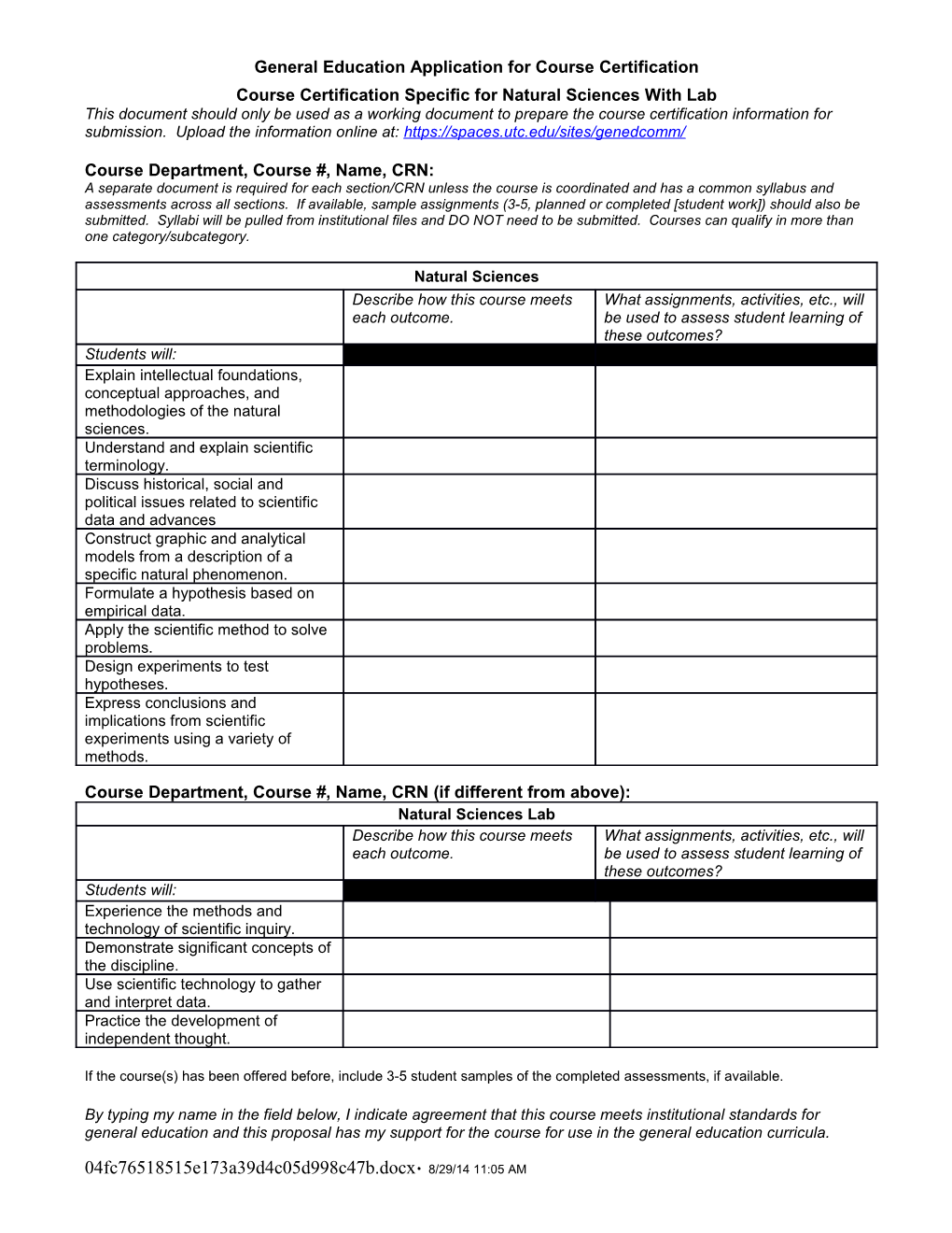 General Education Application for Course Certification