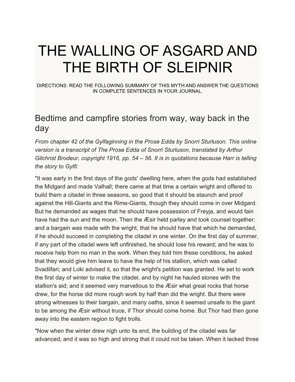 The Walling of Asgard and the Birth of Sleipnir