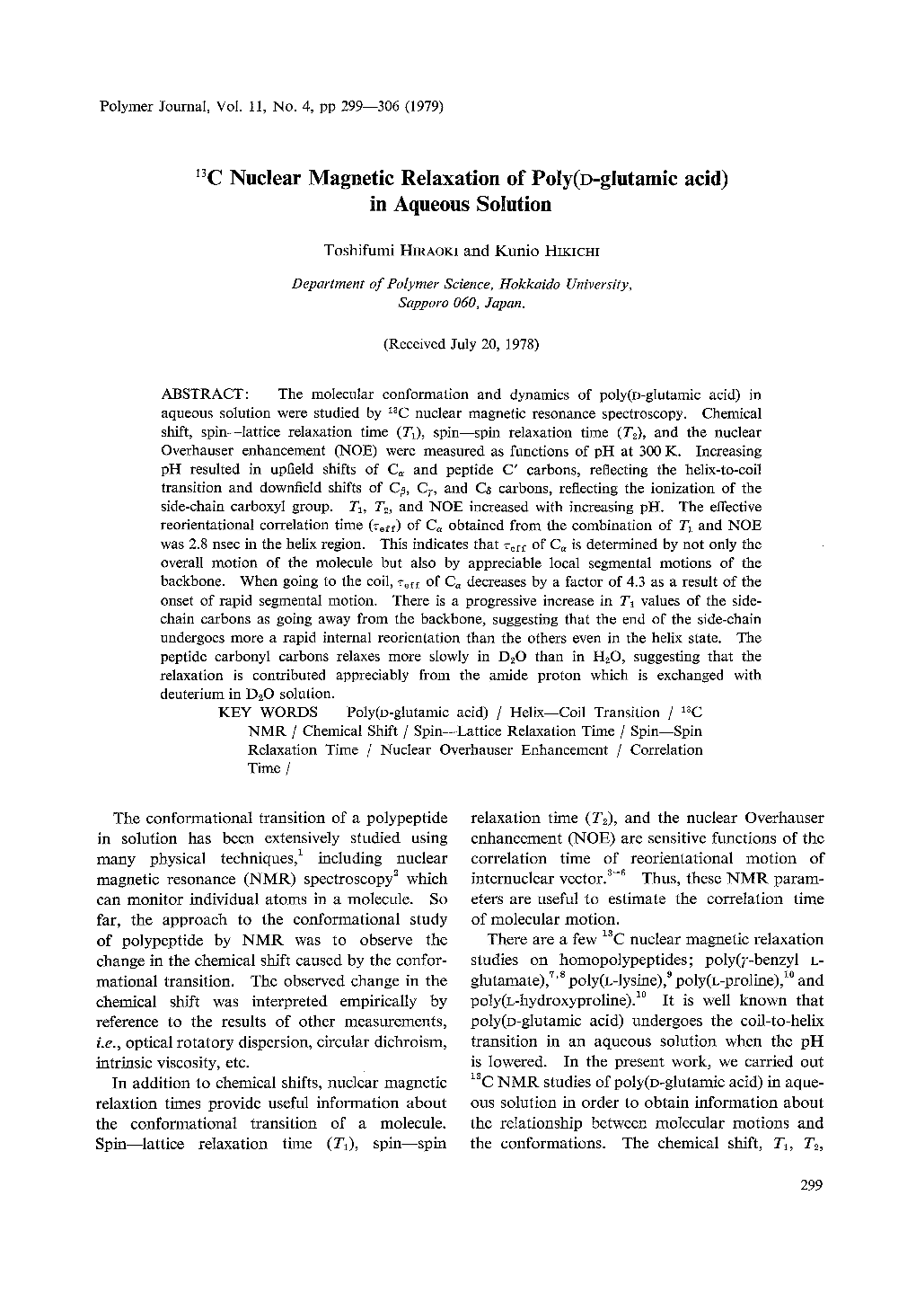 13C Nuclear Magnetic Relaxation of Poly(O-Glutamic Acid)