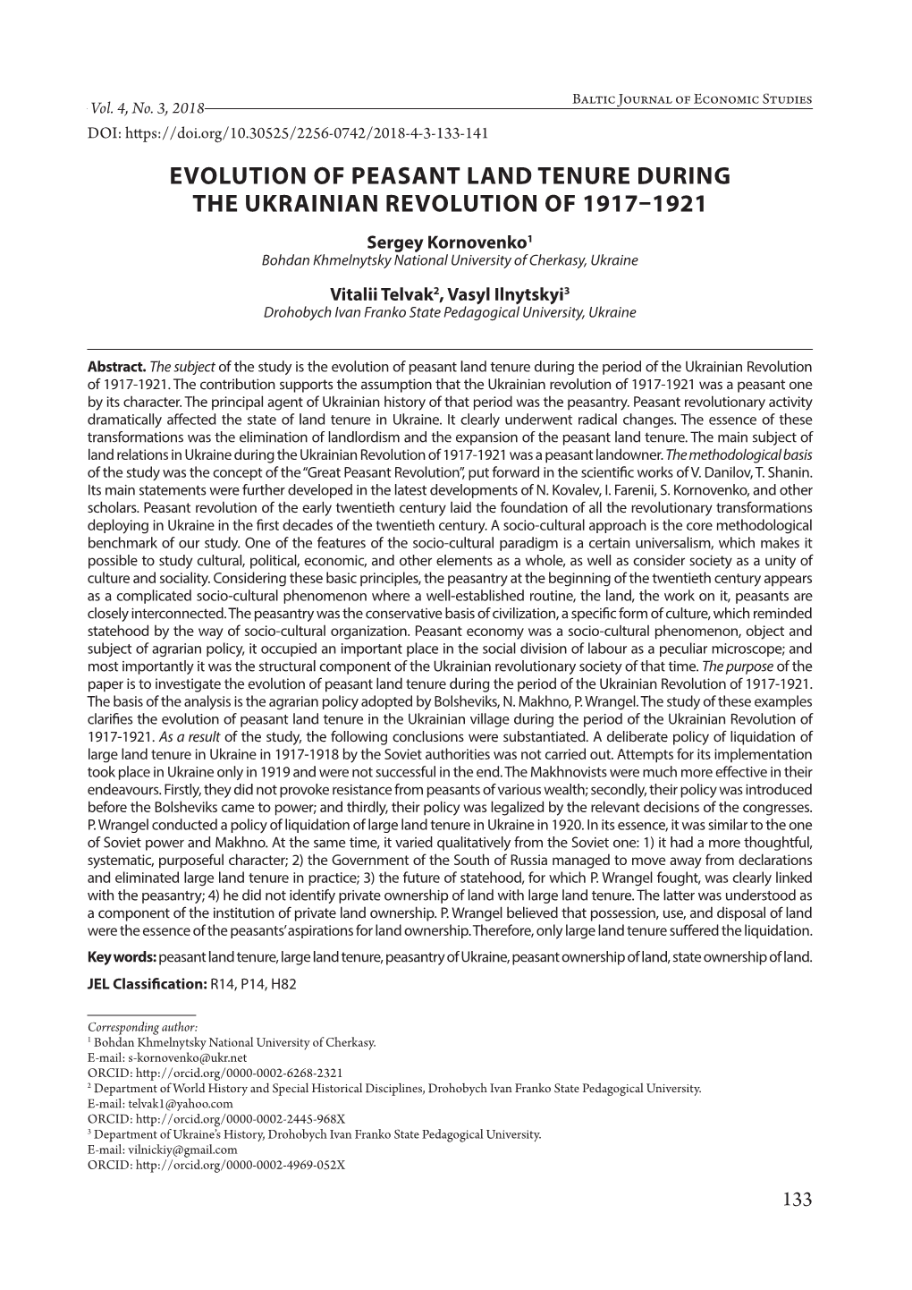 Evolution of Peasant Land Tenure During The