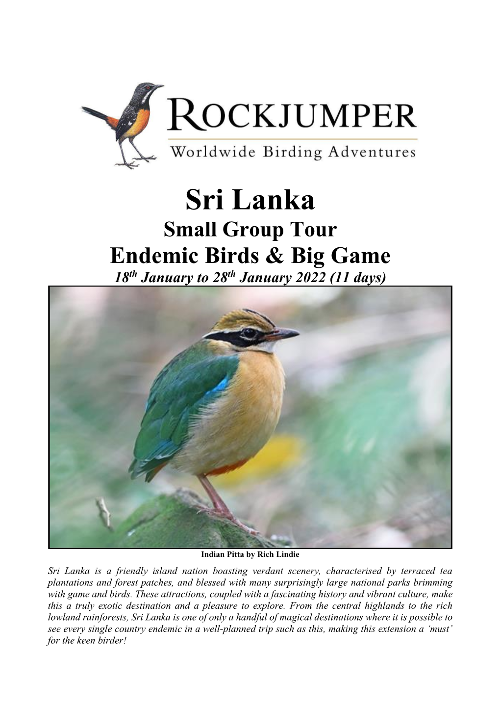 Sri Lanka Small Group Tour Endemic Birds & Big Game 18Th January to 28Th January 2022 (11 Days)