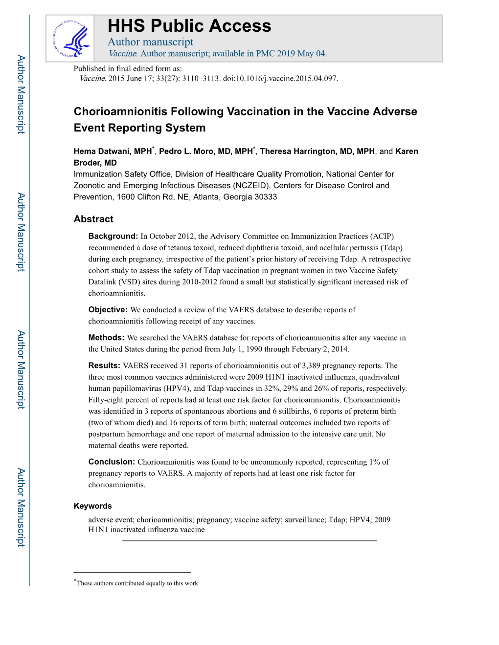 Chorioamnionitis Following Vaccination in the Vaccine Adverse Event Reporting System