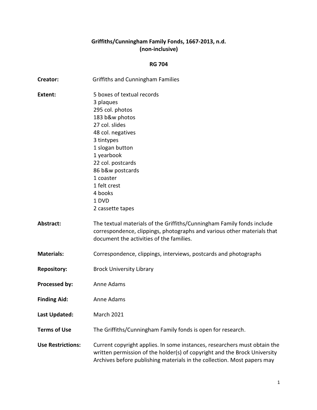 Griffiths/Cunningham Family Fonds, 1667-2013, Nd (Non-Inclusive)