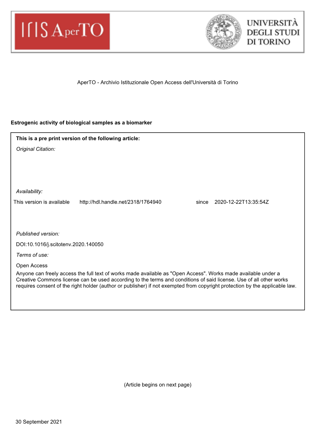 Estrogenic Activity of Biological Samples As a Biomarker