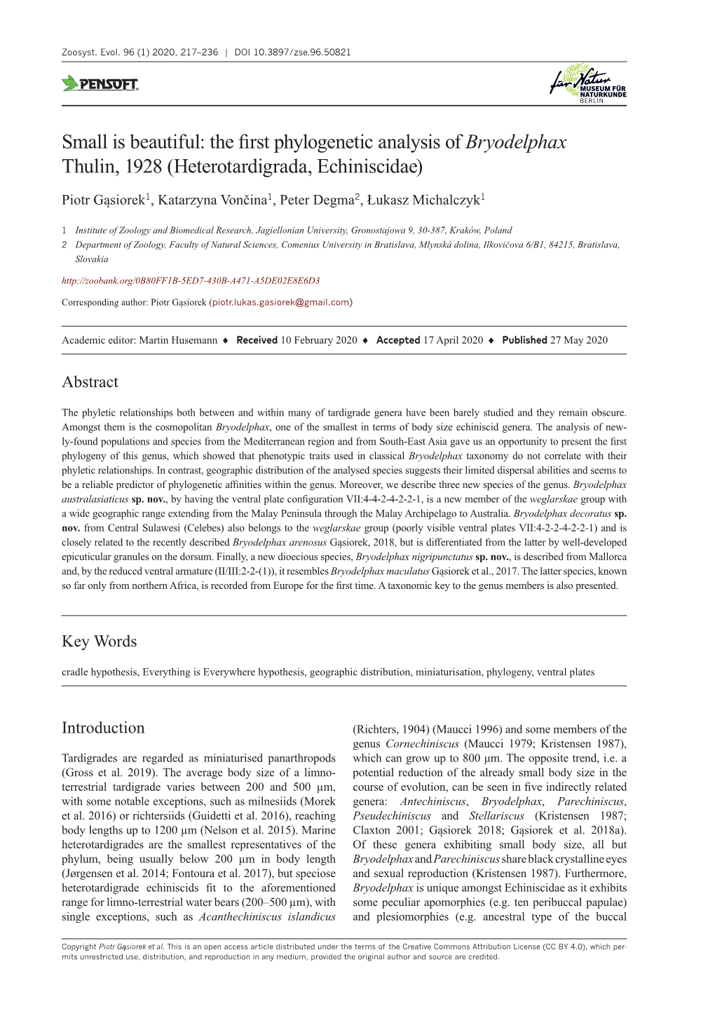 The First Phylogenetic Analysis of Bryodelphax Thulin, 1928 (Heterotardigrada, Echiniscidae)