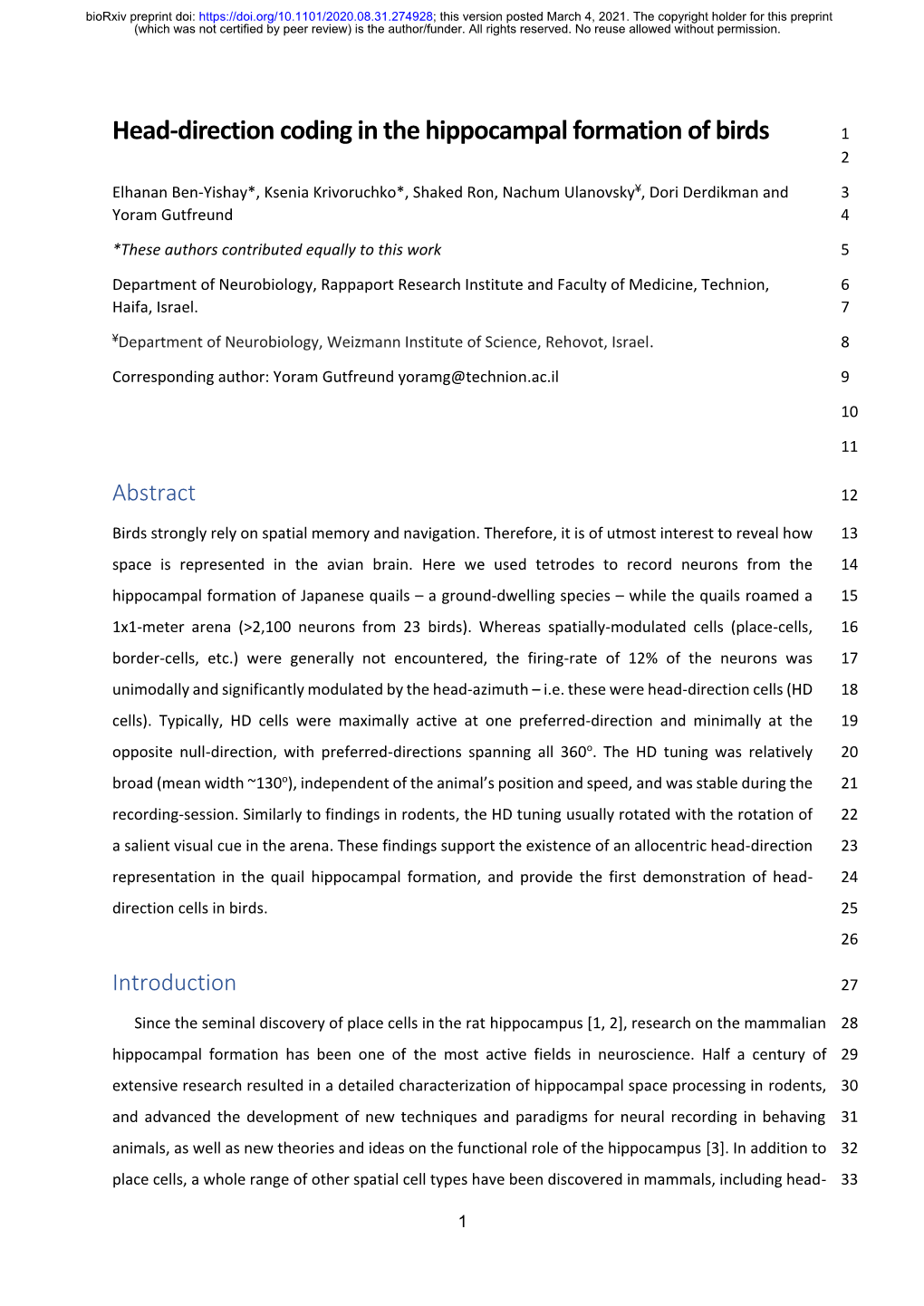 Head-Direction Coding in the Hippocampal Formation of Birds 1 2