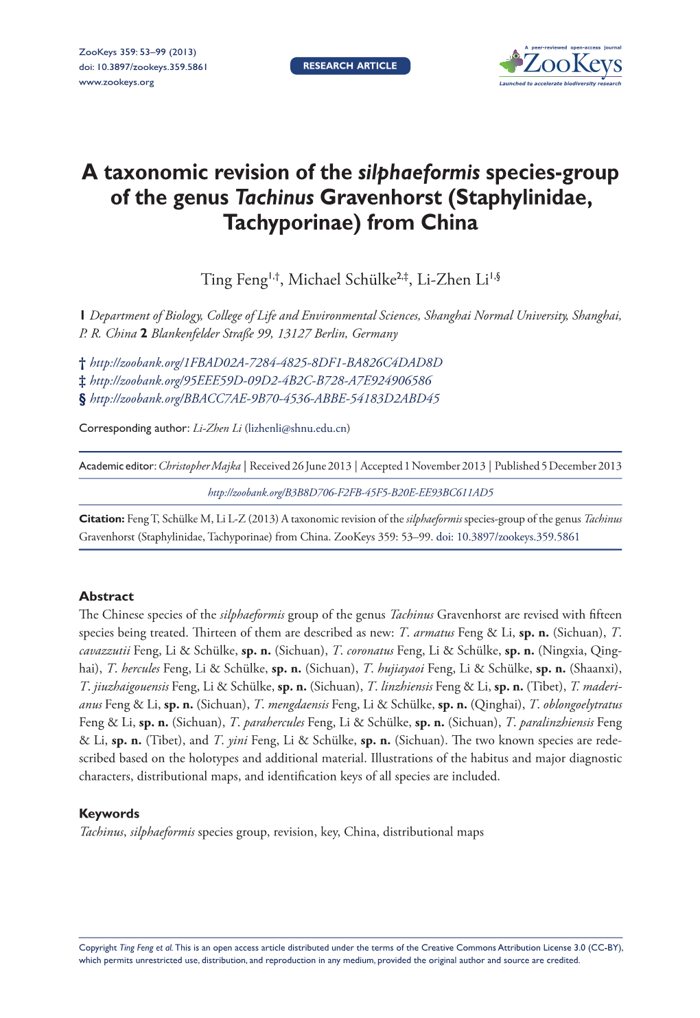 A Taxonomic Revision of the Silphaeformis Species-Group of the Genus Tachinus Gravenhorst (Staphylinidae, Tachyporinae) from China