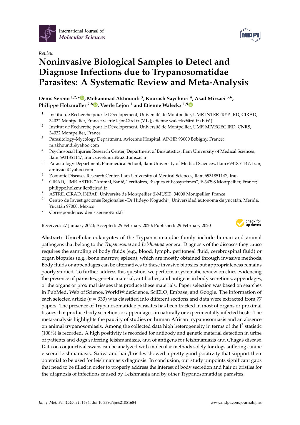 Noninvasive Biological Samples to Detect and Diagnose Infections Due to Trypanosomatidae Parasites: a Systematic Review and Meta-Analysis