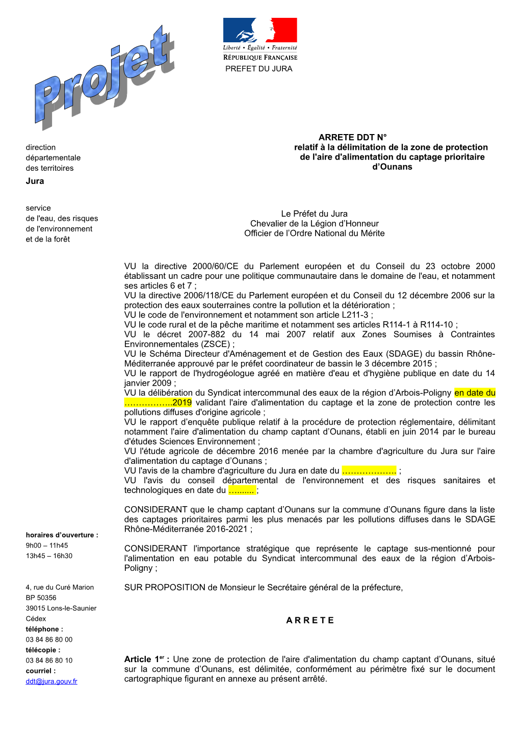 ARRETE DDT N° Relatif À La Délimitation De La Zone De