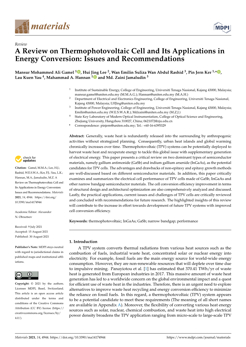 A Review on Thermophotovoltaic Cell and Its Applications in Energy Conversion: Issues and Recommendations
