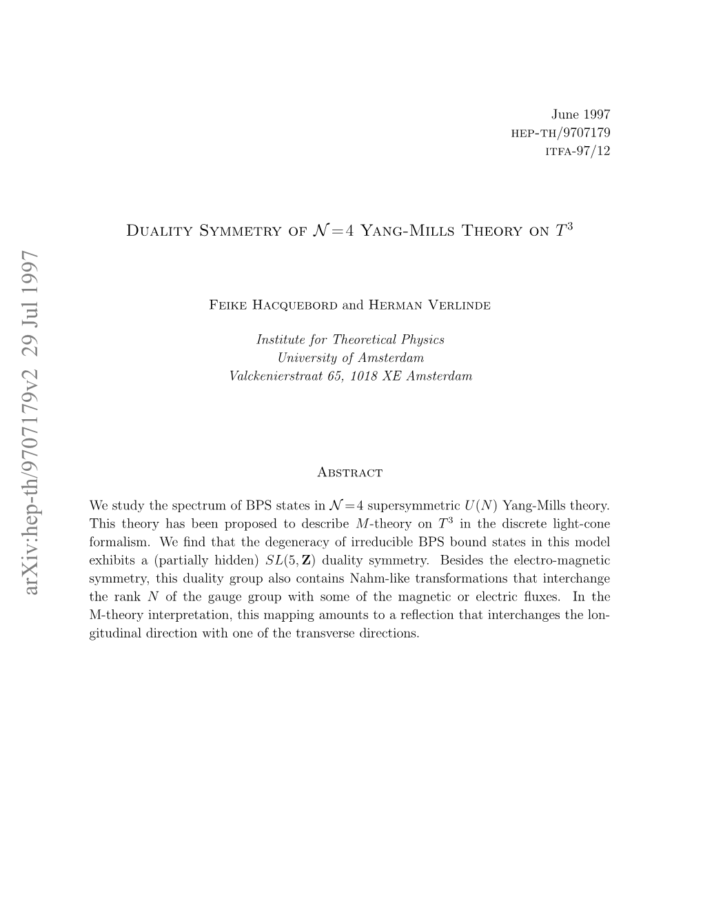Duality Symmetry of N= 4 Yang-Mills Theory on T^ 3