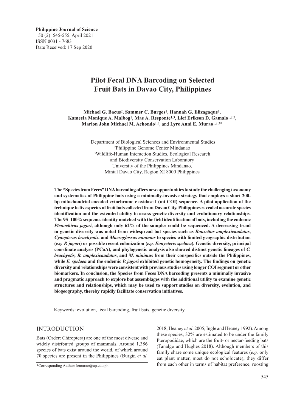 Pilot Fecal DNA Barcoding on Selected Fruit Bats in Davao City, Philippines