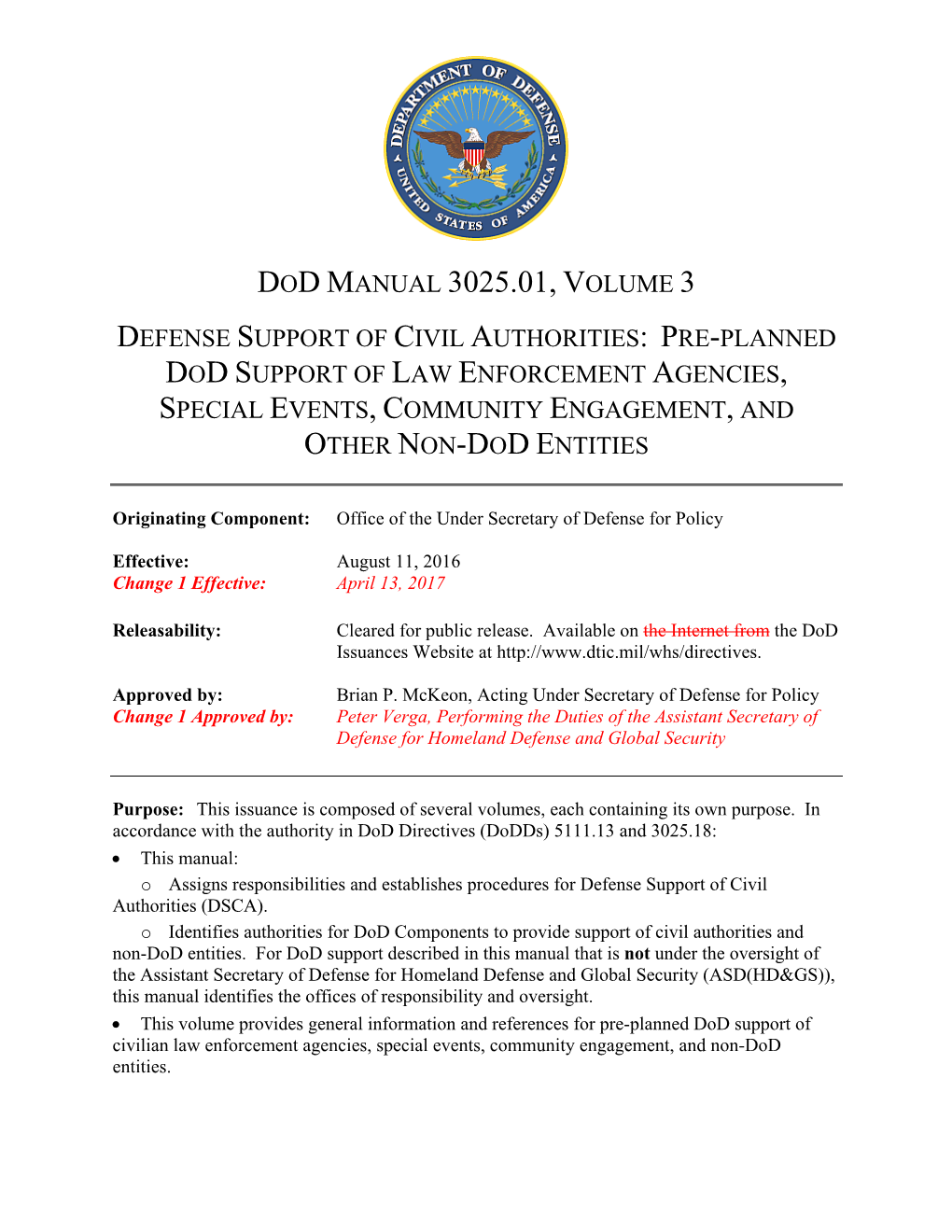 Dod Manual 3025.01, Volume 3, August 11, 2016