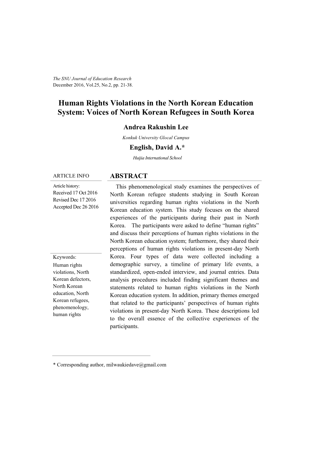 Human Rights Violations in the North Korean Education System: Voices of North Korean Refugees in South Korea