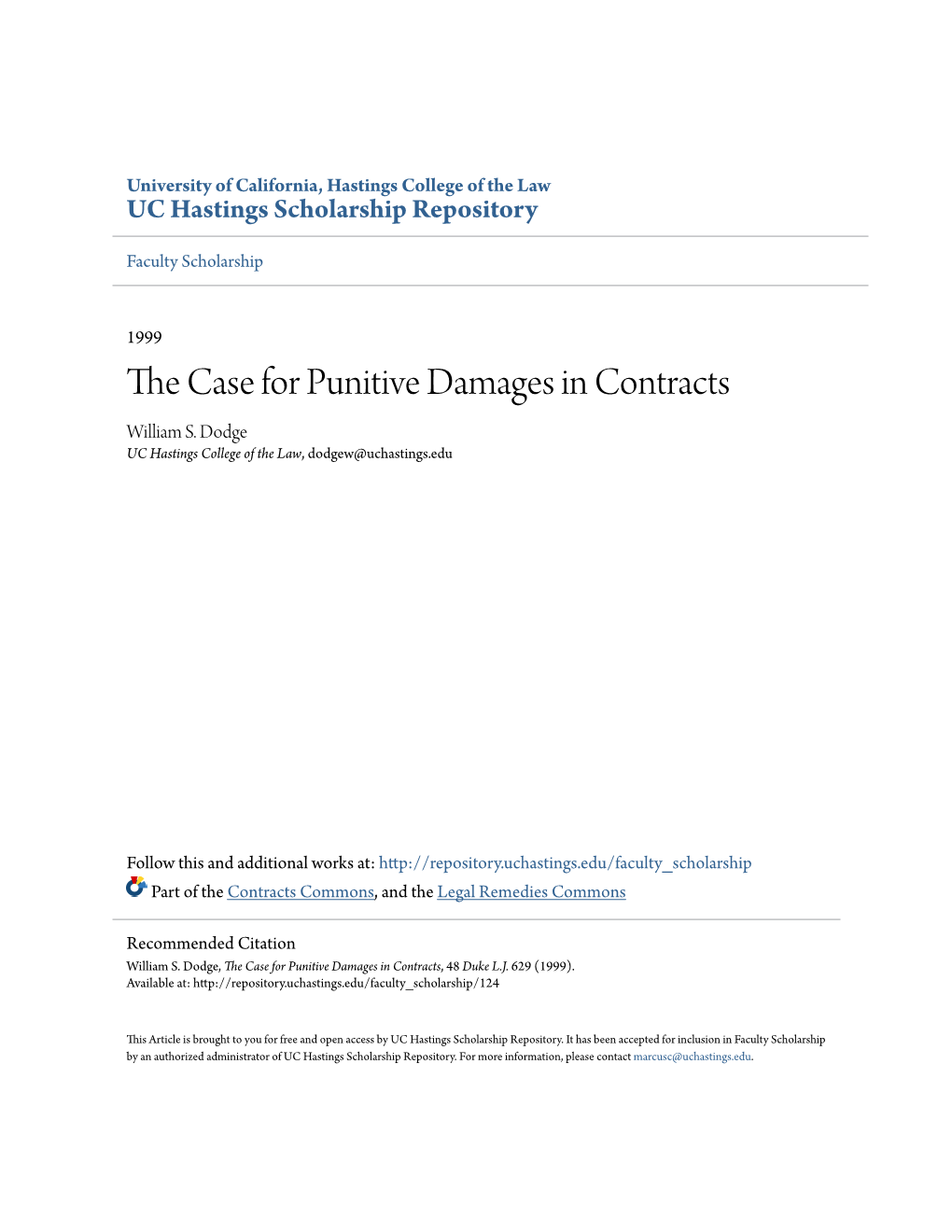 The Case for Punitive Damages in Contracts, 48 Duke L.J