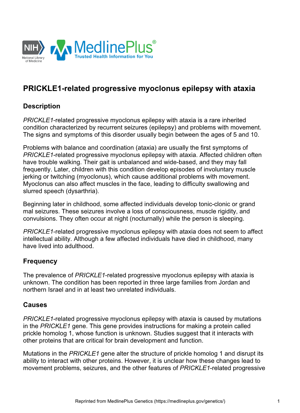 PRICKLE1-Related Progressive Myoclonus Epilepsy with Ataxia