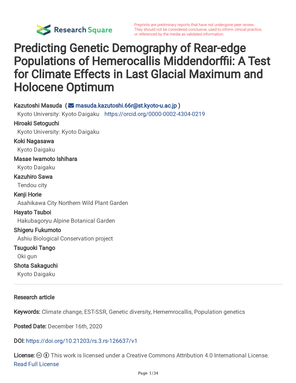 Predicting Genetic Demography of Rear-Edge Populations of Hemerocallis Middendorfi: a Test for Climate Effects in Last Glacial Maximum and Holocene Optimum