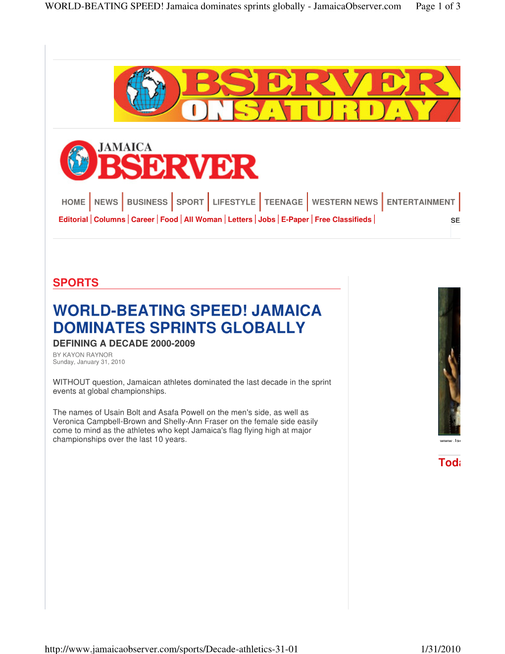 WORLD-BEATING SPEED! JAMAICA DOMINATES SPRINTS GLOBALLY DEFINING a DECADE 2000-2009 by KAYON RAYNOR Sunday, January 31, 2010