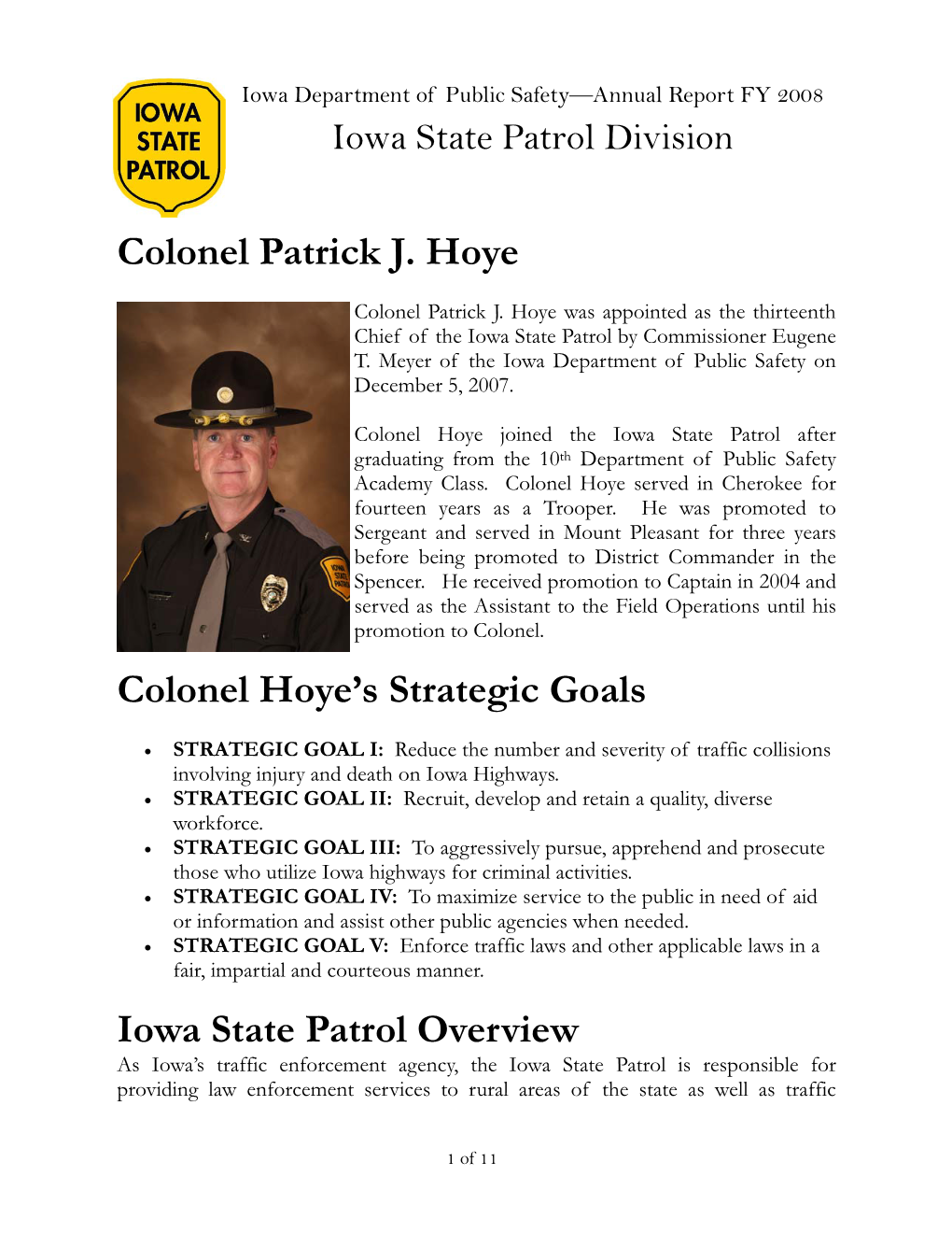 Colonel Patrick J. Hoye Colonel Hoye's Strategic Goals Iowa State