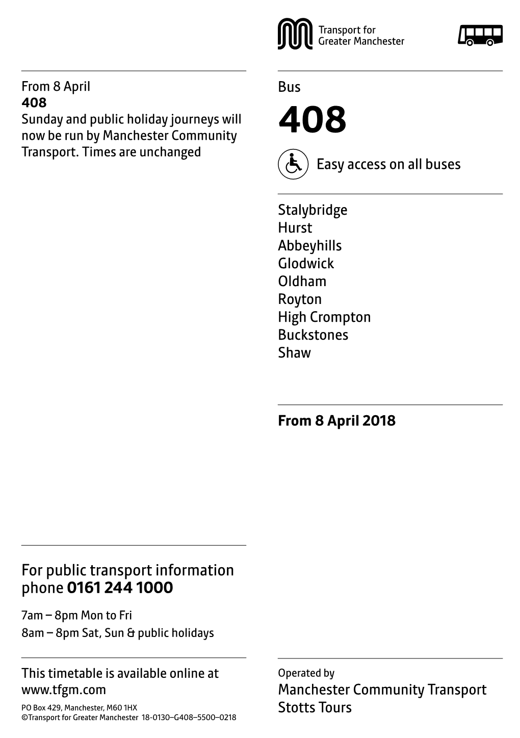 408 Sunday and Public Holiday Journeys Will Now Be Run by Manchester Community 408 Transport