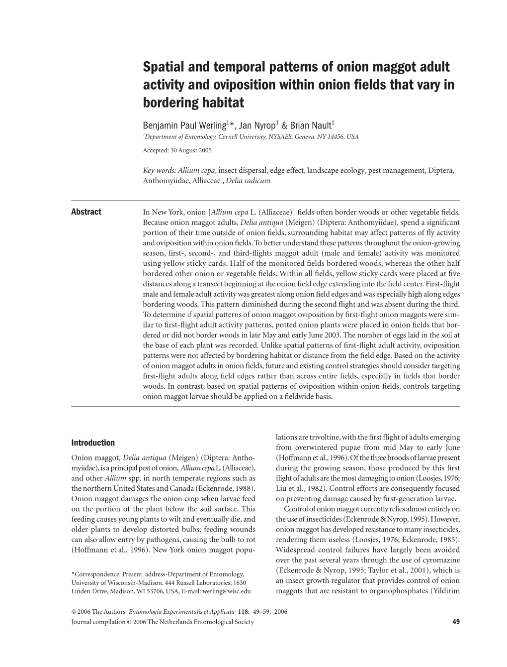 Spatial and Temporal Patterns of Onion Maggot Adult Activity and Oviposition Within Onion Fields That Vary in Bordering Habitat