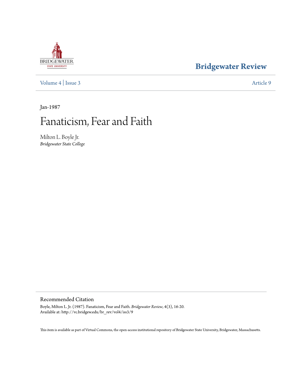 Fanaticism, Fear and Faith Milton L