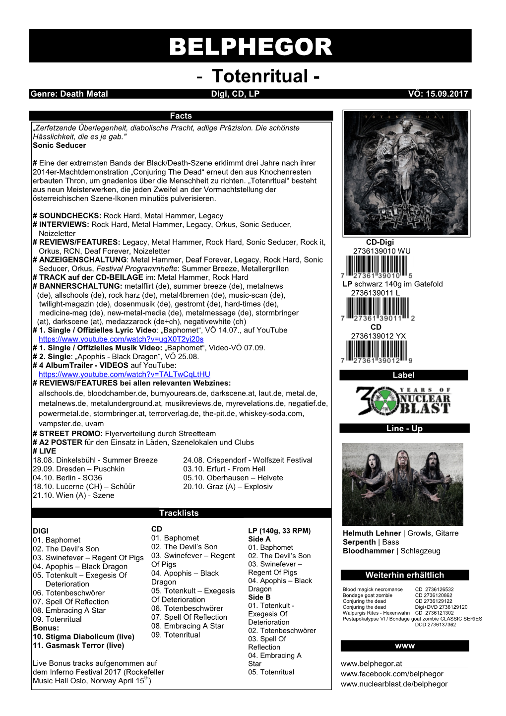 BELPHEGOR - Totenritual - Genre: Death Metal Digi, CD, LP VÖ: 15.09.2017