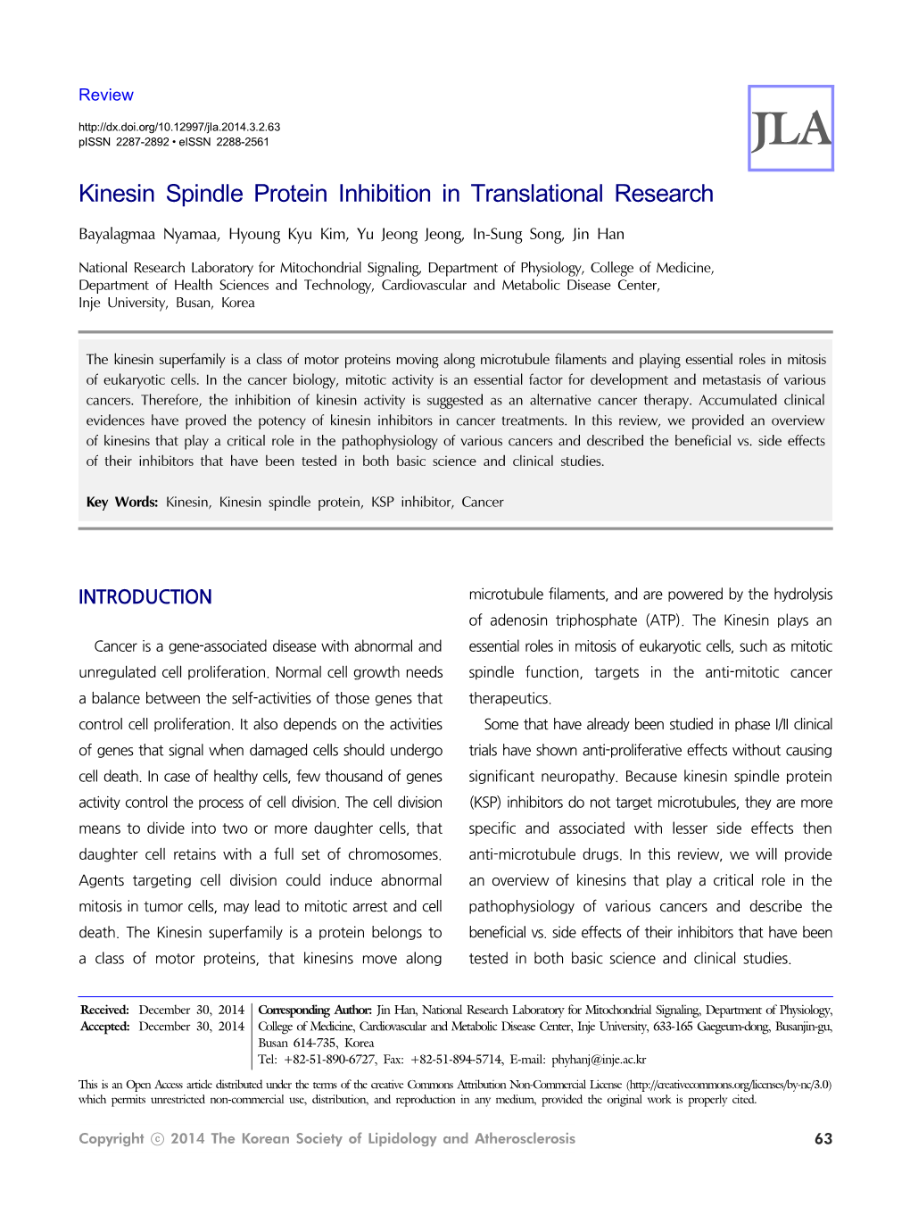 Kinesin Spindle Protein Inhibition in Translational Research