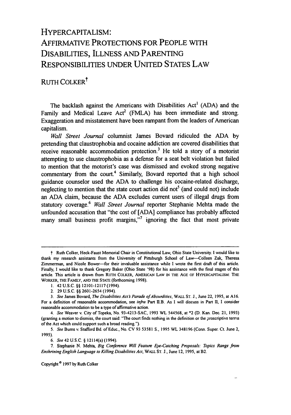 Hypercapitalism: Affirmative Protections for People with Disabilities, Illness and Parenting Responsibilities Under United States Law