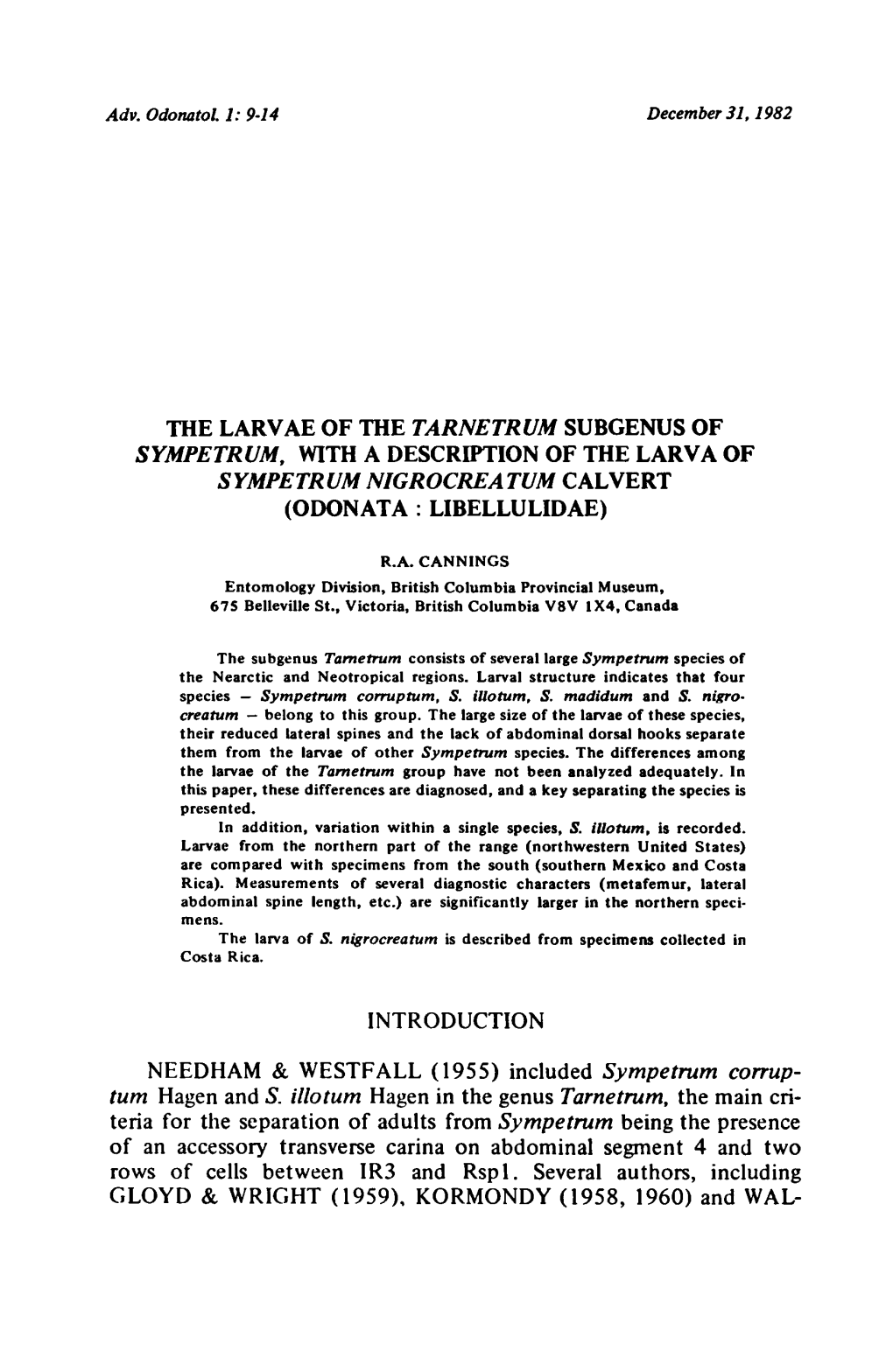 (Odonata: Libellulidae) (1955) Hagen and S. Tametrum, Separation of from Sympetrum Being Rspl. Authors, Including